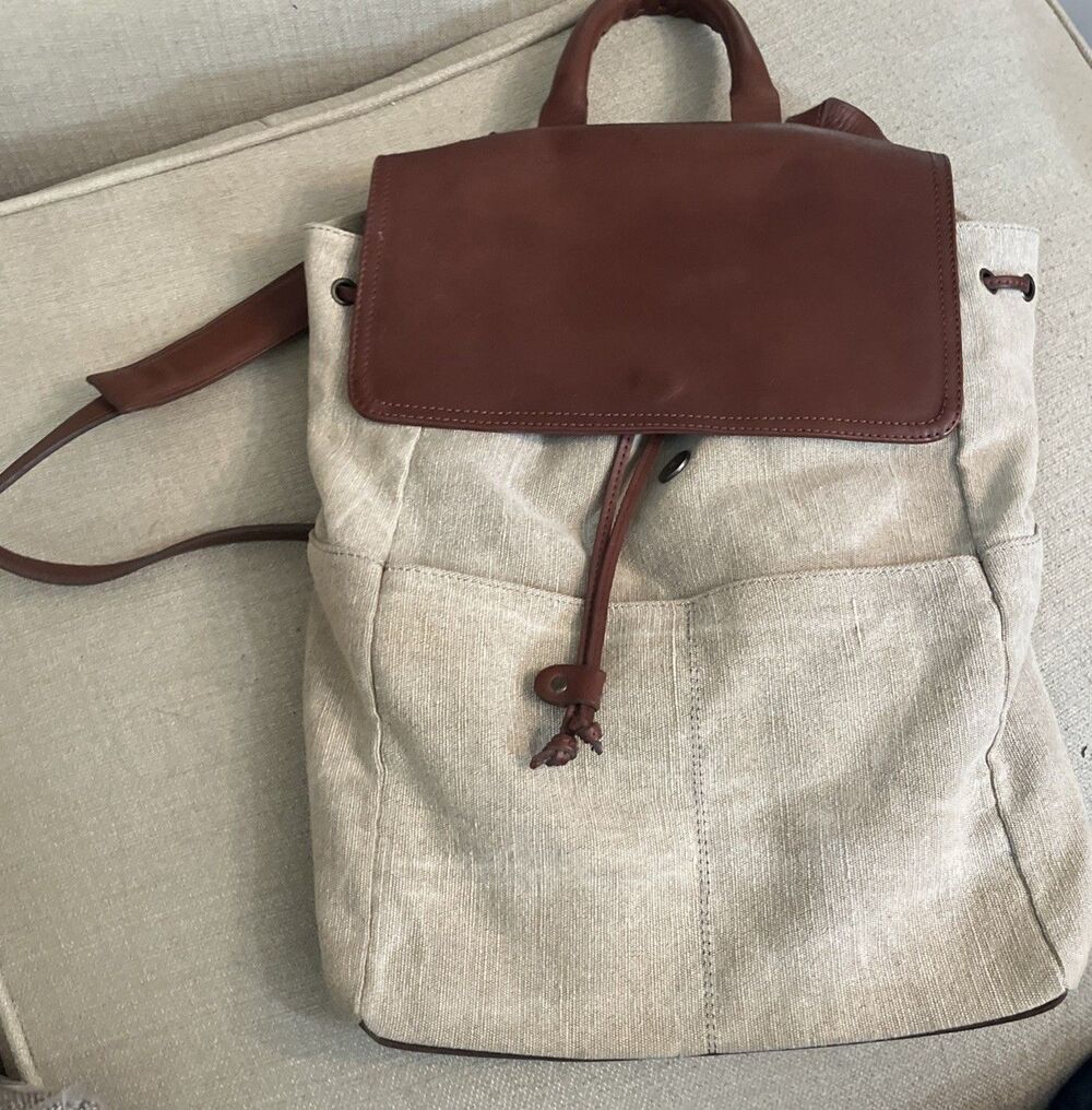 Sundance Beige Canvas & Brown Leather Flap Backpack